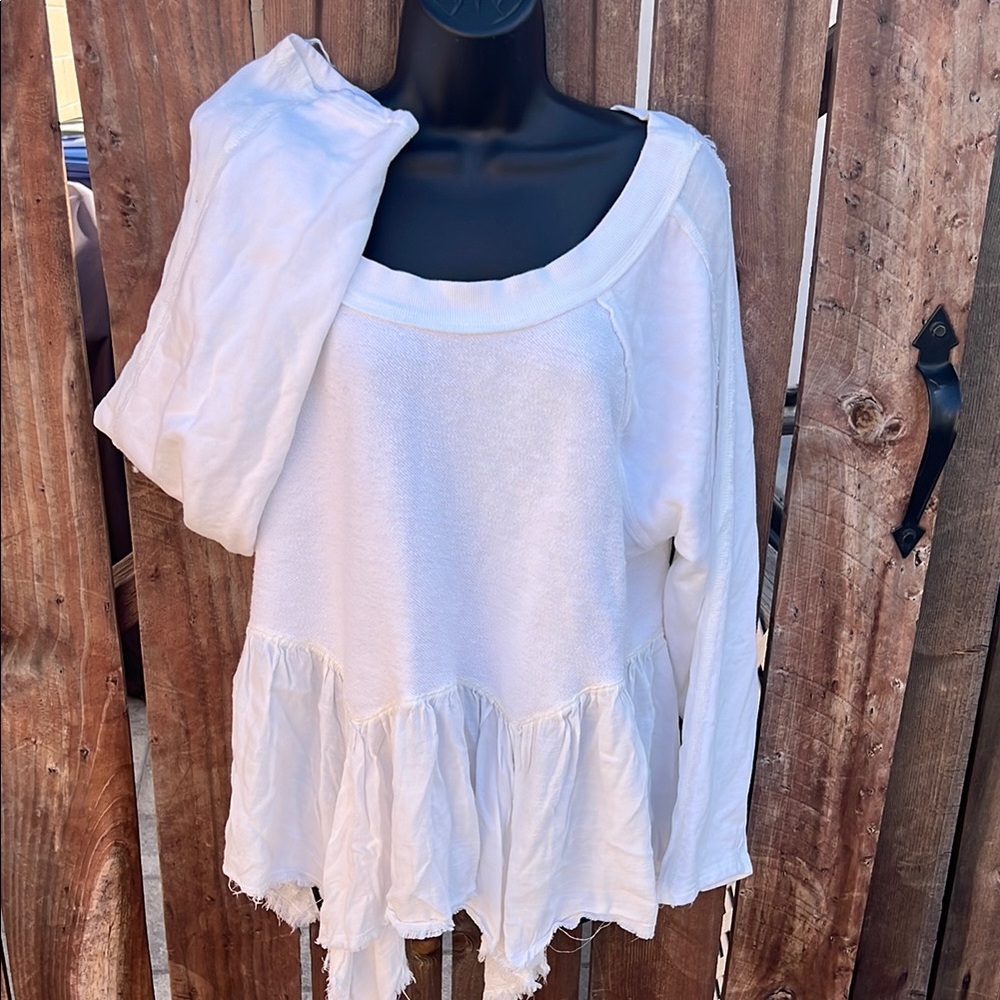 Free People Gold Duster Pullover White Long Sleeve Ruffled Top NWOT